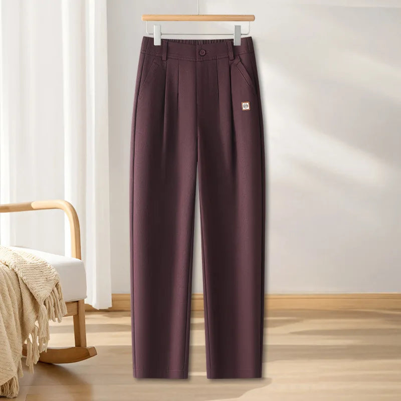 Off-white Women's Casual Pants, New Fall High-waisted Pleated Harem Pants, Asian Sizes Navy Blue Stretch Trousers, S-XXXL.