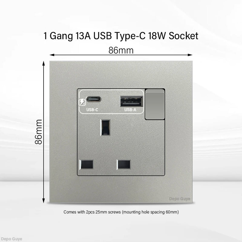 Universal 18W Type-C Quick charge Double Power Outlet,220V Electrical Wall Light 2way Switch UK 13A Wall Double USB Plug Socket