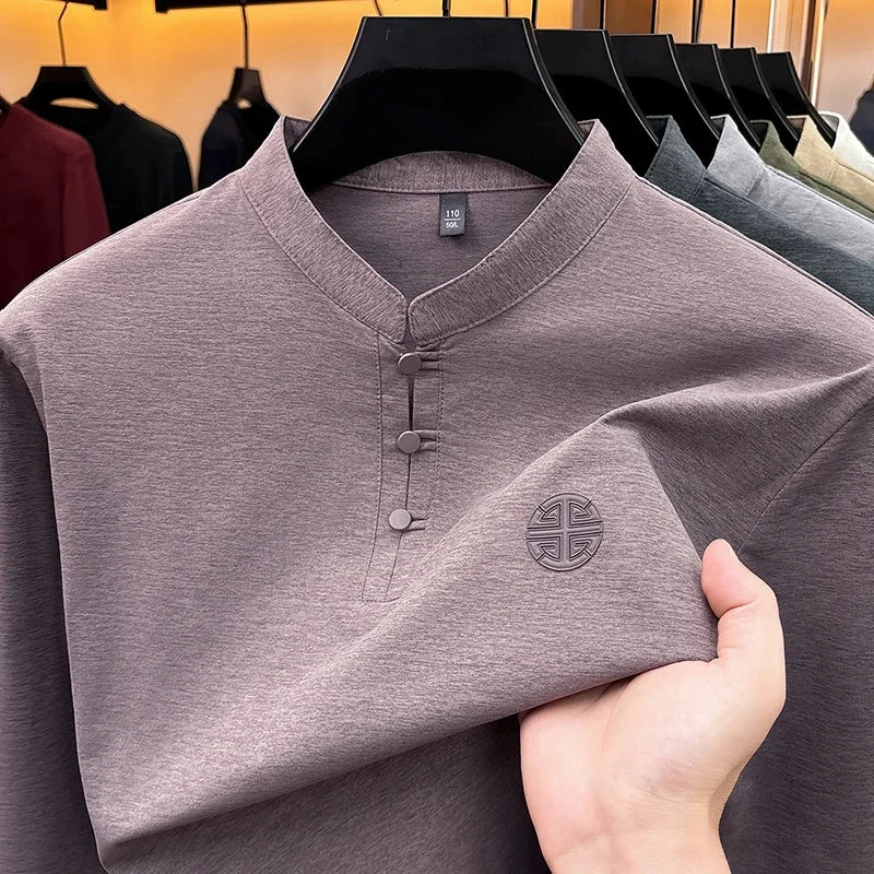 Mens Spring Autumn Henley T Shirt Long Sleeve Mandarin Collar Embossed Logo Breathable Comfort Casual Outfit
