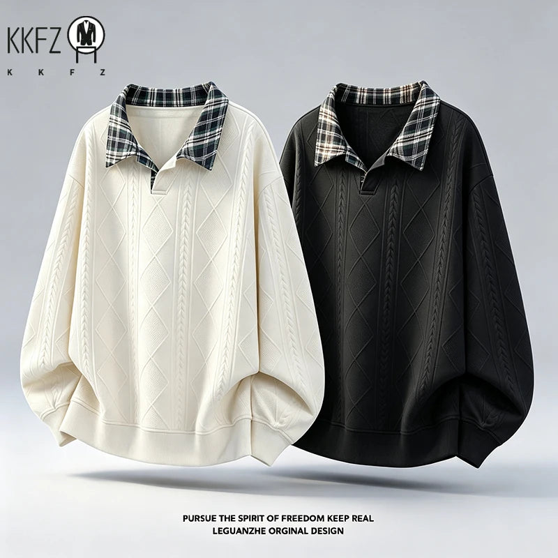Mens Plaid Lapel Collar Long Sleeve Jacquard Sweatshirt Geometric Embossed Texture Soft Handfeel Top For Autumn