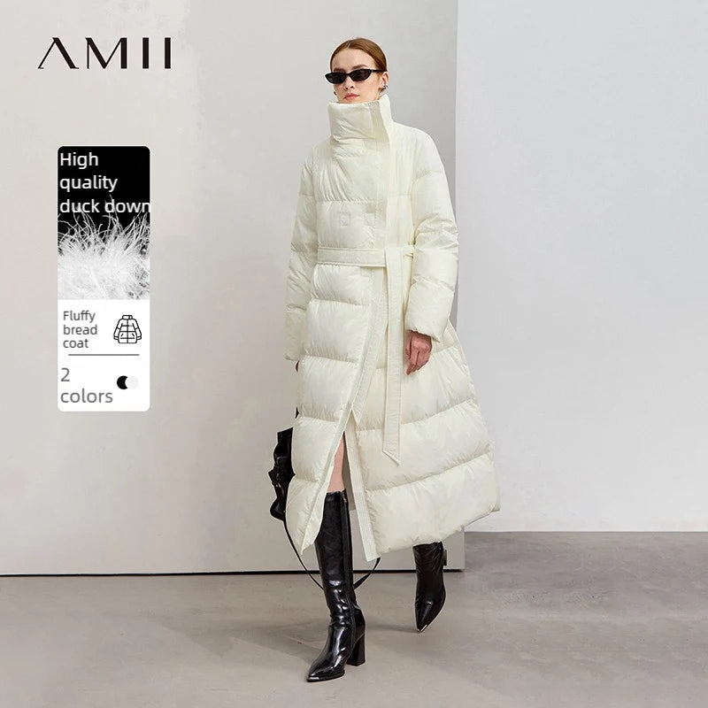 Amii Down Coats 2026 Winter New Office Lady With Belt Warm Versatile Outerwear Solid Loose Down Jacket Women Long Top 12524055