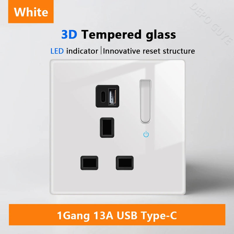 White LED indicator light switch Panel glass piano key Self-reset wall switch socket,UK Universal USB Type-C Electrical outlet