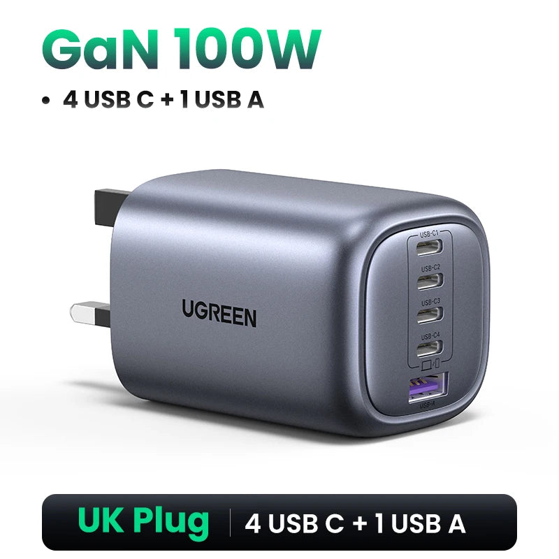 UGREEN 100W GaN Charger 5 Ports USB C Charger QC4.0 3.0 PPS For Macbook Air Laptop Tablet PDFast Charger For iPhone 18 17 16 Pro