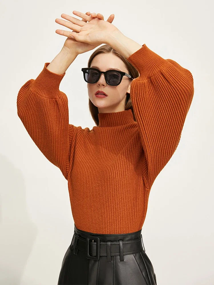 AMII Minimalism Sweaters Women 2026 Winter New Fashion Solid Casual Mock Neck Loose Lantern Sleeve Pullover Knitted Top 12241241