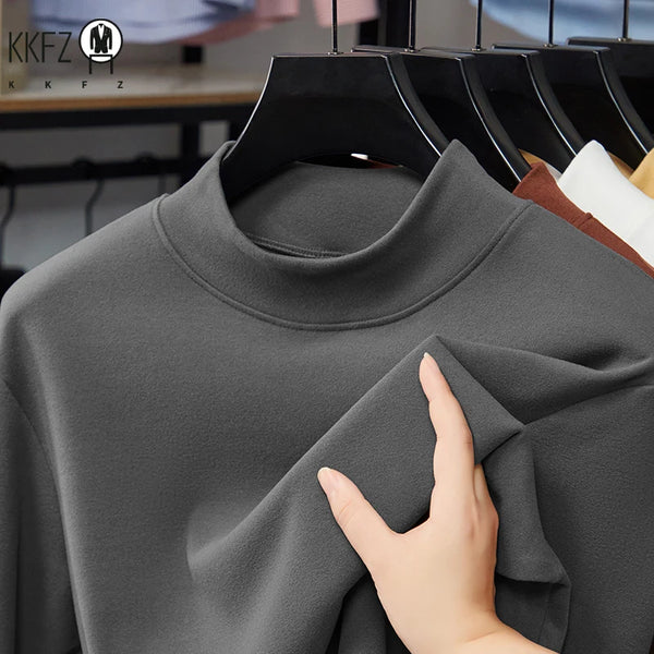Mens Slim Mock Neck Base Shirts Light Warm Brushed Fabric Stretch Long Sleeve Tops For Daily Casual And Outer Matching