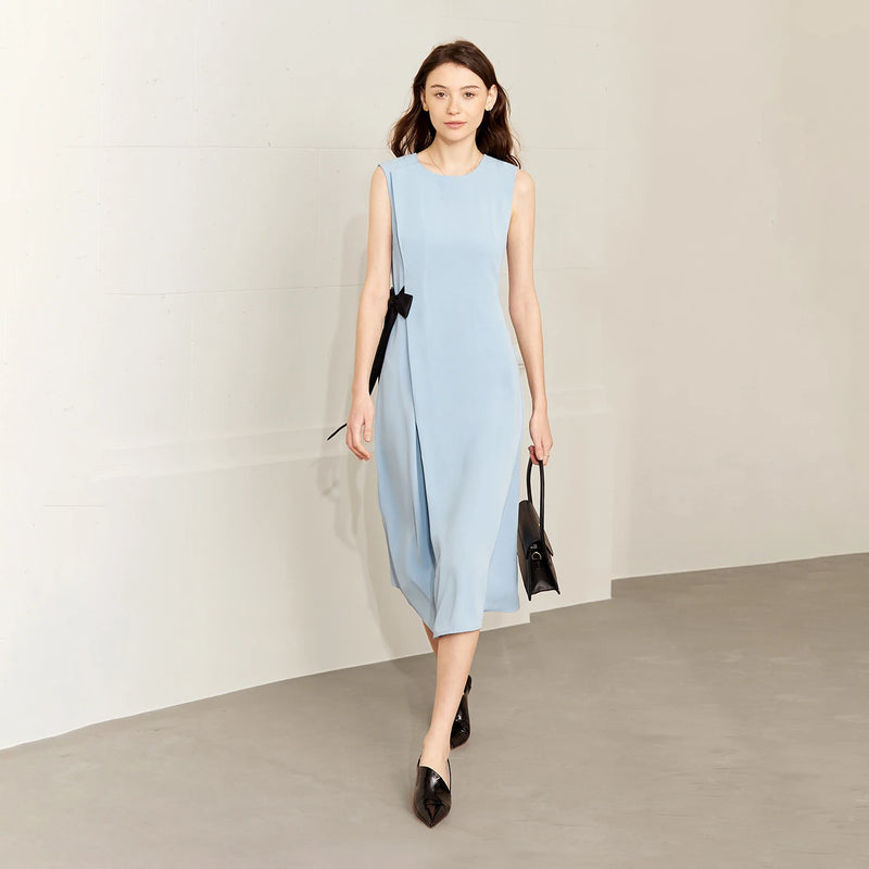 Amii Sleeveless Women's Dress 2026 Summer New Color Block Tie Detail O-Neck Elegant Office Casual Midi Womens Dresses 12642188