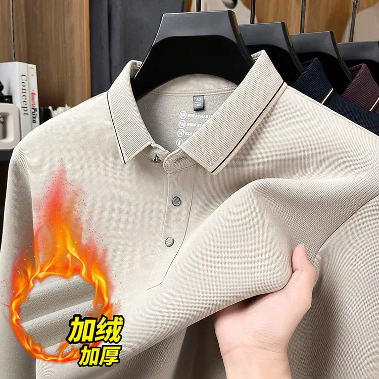 Men's Fleece-Lined Waffle Knit Polo, Vertical Stripe Collar Seamless Design, Anti-Wrinkle Technology