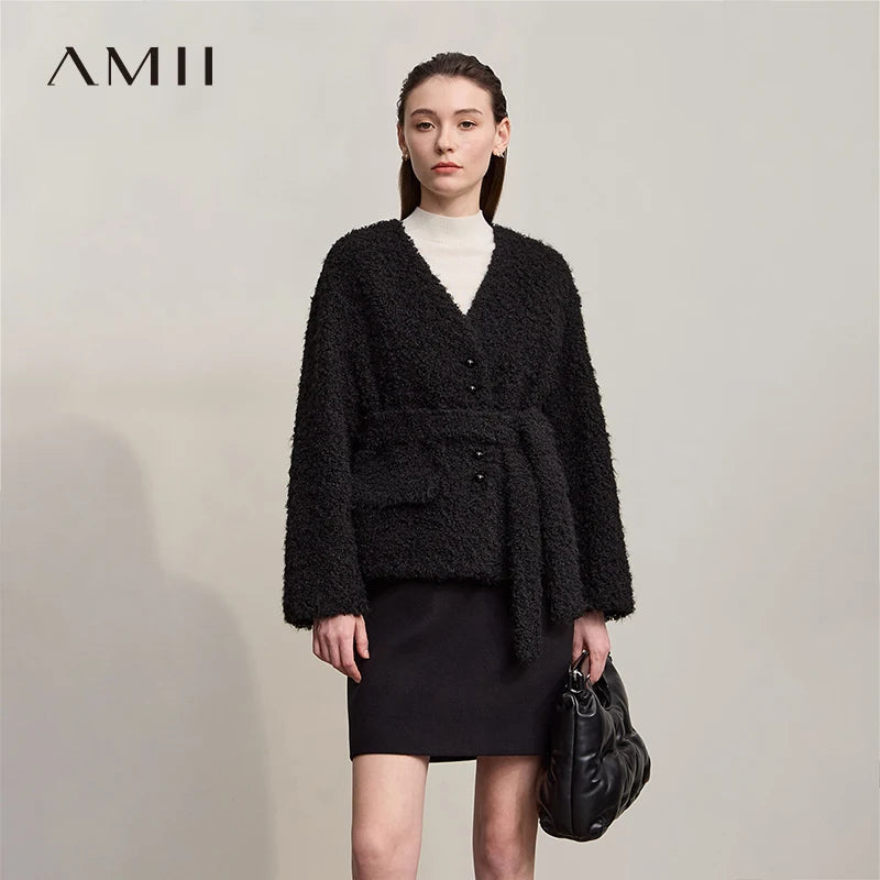 Amii Fur Coat 2026 Winter New Loose Short V-Neck Versatile Women's Coat Warm Long Sleeves With A Belt Jacket With Fur 12524007