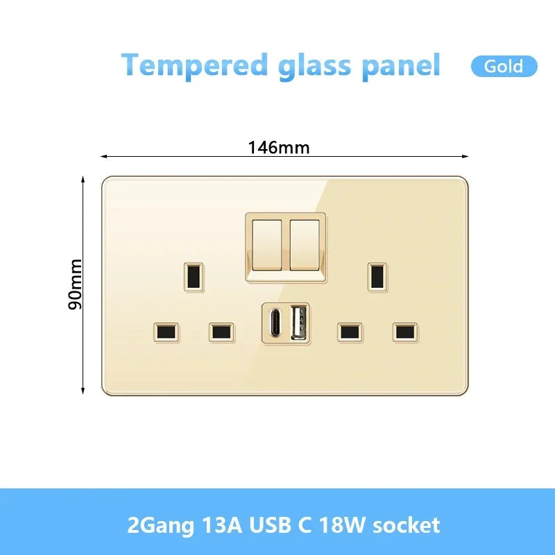 Gold UK 13A Tempered Glass USB Socket Plug,18W Type-C Fast charging Universal 3pin Dual Power Outlet,Wall 2way Light Switch