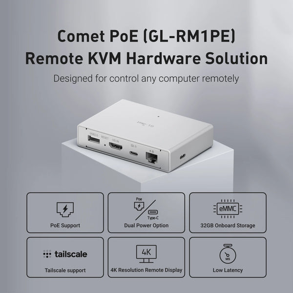GL.iNet Comet PoE (GL-RM1PE) ឧបករណ៍បញ្ជាពីចម្ងាយសម្រាប់អ៊ីនធឺណិត KVM, ថាមពល PoE/Type-C, 4K@30Fps, 32GB EMMC, មាត្រដ្ឋានកាត់, ការគ្រប់គ្រងថាមពល, សម្រាប់កុងតាក់ KVM