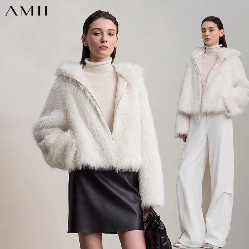 AMII Woman Faux Fur Coat 2026 New Coats Winter Warm Loose Hooded Long Sleeves Elegant Soft Women's Outerwear Jackets 12524016