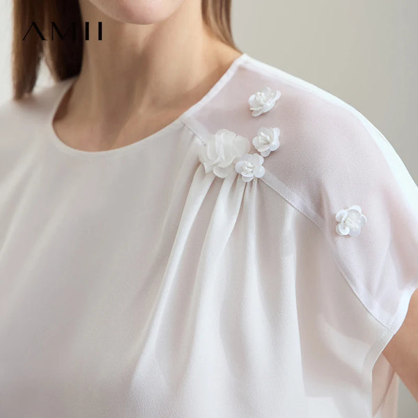 Amii Women Minimalist Blouse 2026 Summer New Solid Color O-Neck Elegant Chiffon Tops Loose Short Sleeves Flower Blouse 12512026