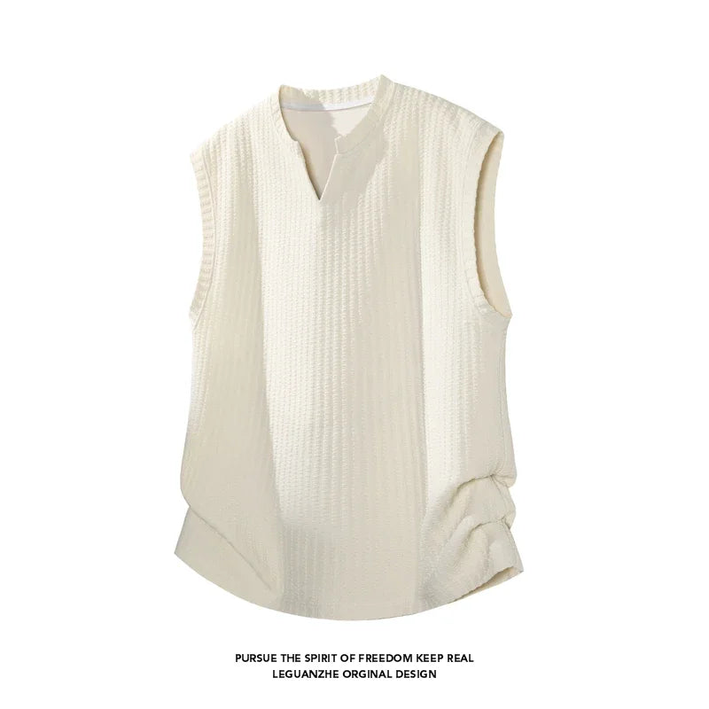 Mens Vertical Ribbed Knit Sleeveless Vest Notched Collar Oversized Cutting Suitable For Vacation Dating And Casual Scenes