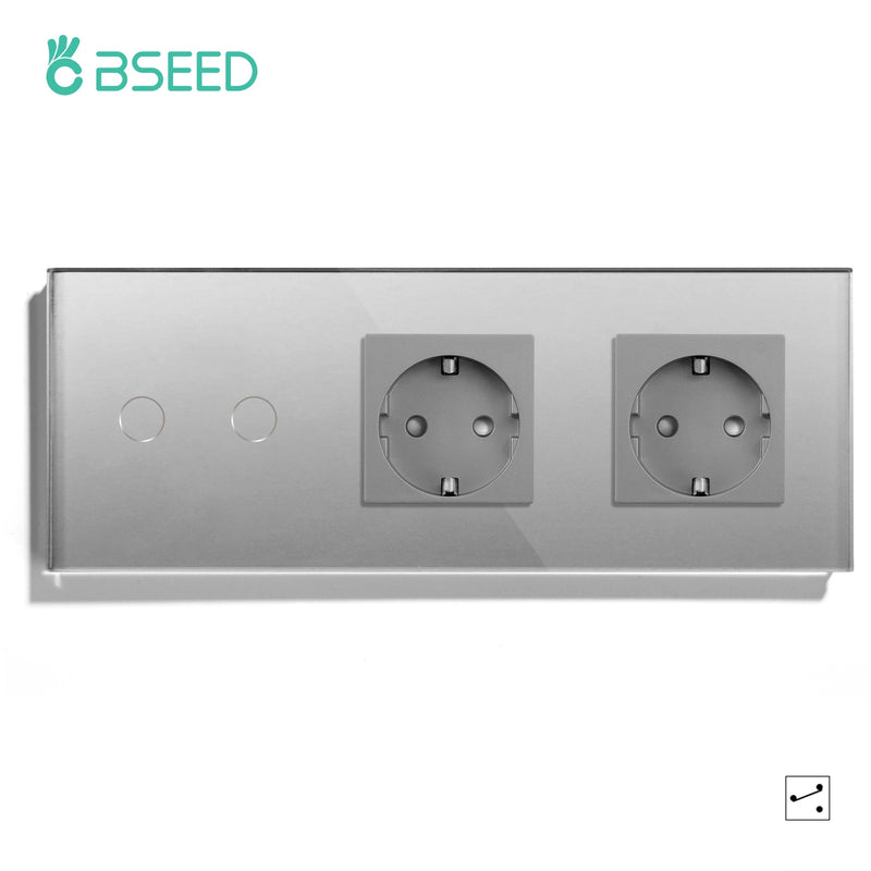Bseed Wall Touch Light Switch 1/2/3Gang 2Way Light Switch With EU Socket USB Type-C Glass Panel Blue Backlight 240V for Stairs