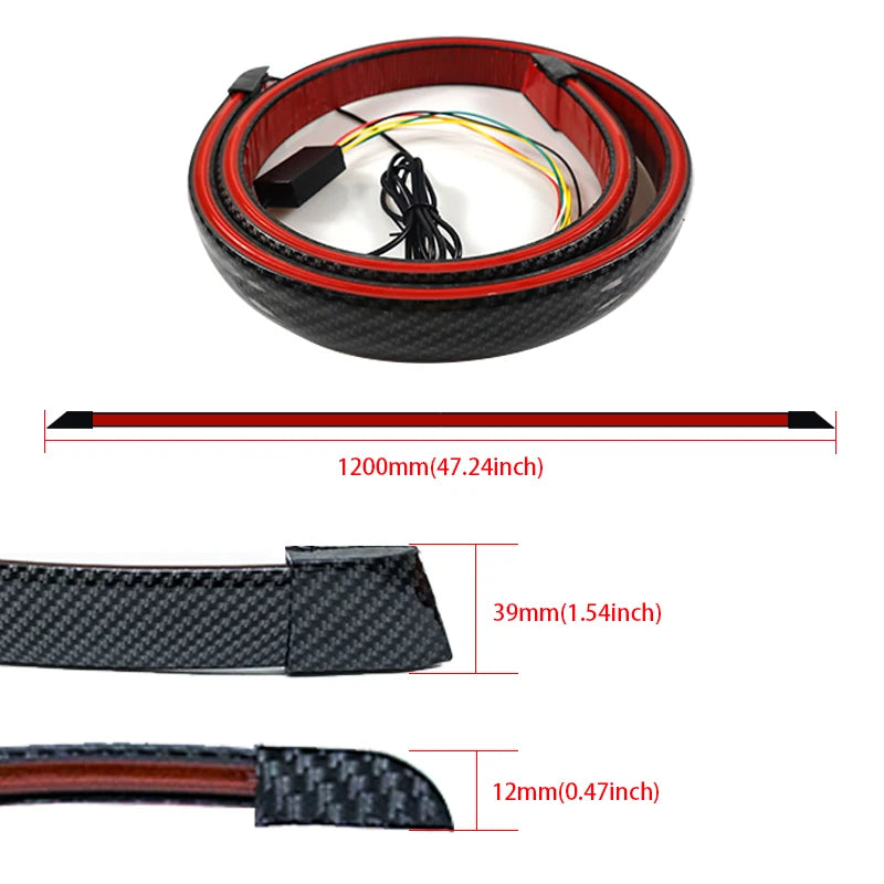 SEAMETAL Carbon Fiber Car Rear Spoiler Flow Lamp Universal 120cm Led Spoiler Light The Third Brake Light Stop Signal Lights 12V