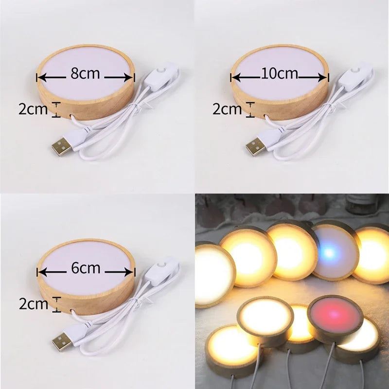 1-4Pcs Crystal Glass Wooden LED Light Display Base Art Ornament Wooden Night Lamp Base Home LED Light Rotating Display Stand