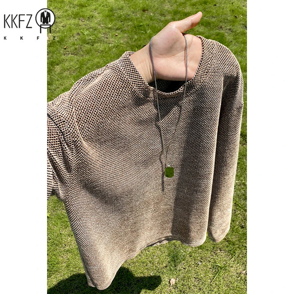Male Street Fashion Long Sleeve Knit Shirt Crew Neck Vintage Washed Dye Gradient Texture For Outdoor Hangout Wear