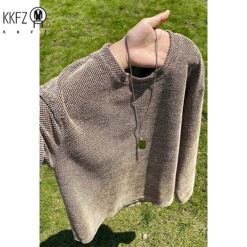 Male Street Fashion Long Sleeve Knit Shirt Crew Neck Vintage Washed Dye Gradient Texture For Outdoor Hangout Wear