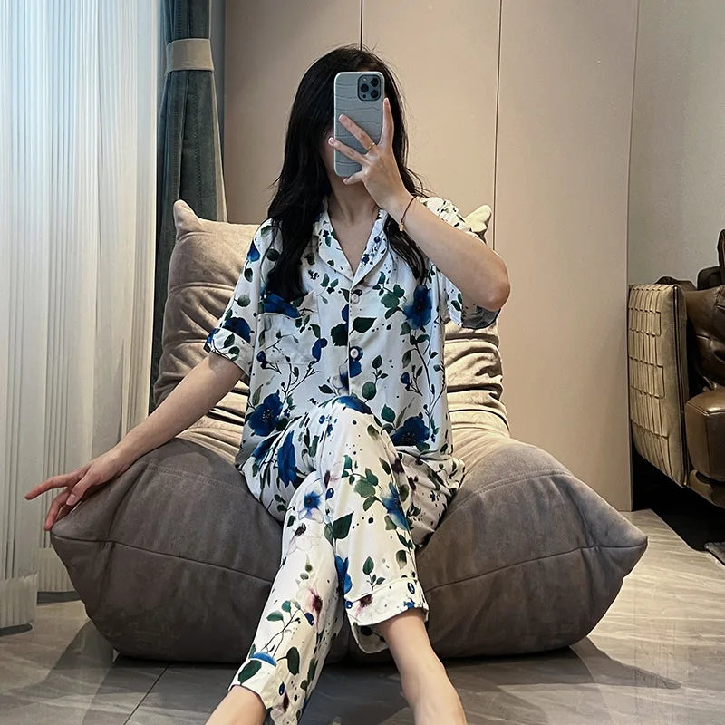 Floral Short Sleeve Sleepwear Female Nightwear Pyjamas Women Summer Pajamas Lapel Top Trousers Home Suit Loungewear Set Pijama