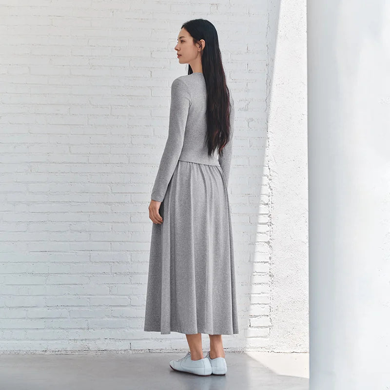 Semir Women Set 2026 Cropped Round Neck Top Elastic Waist Long Skirt 2026 Autumn Casual Style Slim Look Two Piece Outfit