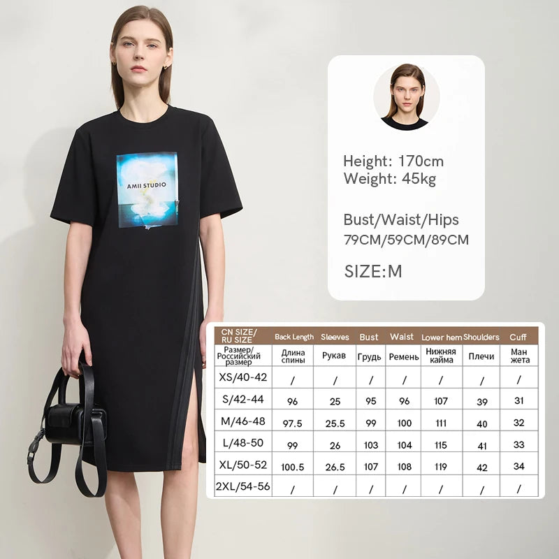 AMII Women Minimalist Summer Casual Dresses 2026 New Print Round Neck Short Sleeve Dress Lady Fashion Woman Clothes 12522003