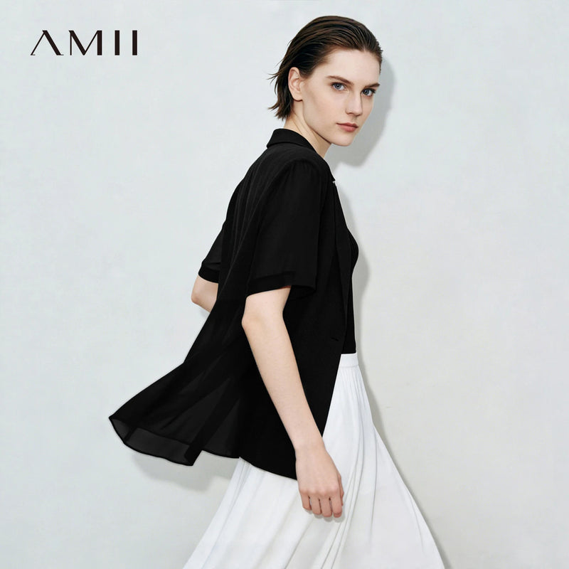 Amii Women's Blazer 2026 Summer New Notched Lapel Chiffon Splicing Short Sleeve Jacket Women's Single Button Casual Top 12622126