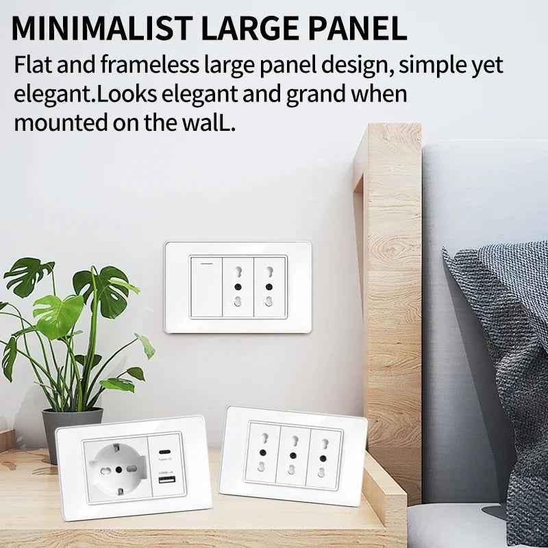 T&I Wall Switch Sockets With USB TypeC  Fast Charging, Italy Socket , Chile Schuko Outlet, Tempered Glass Panel for Home