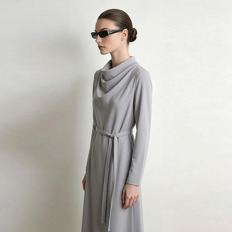 Amii Women's Elegant A-Line Midi Dress Long Sleeve Loose Fit Removable Belt Business Casual 2026 Autumn Female Clothing 12643102