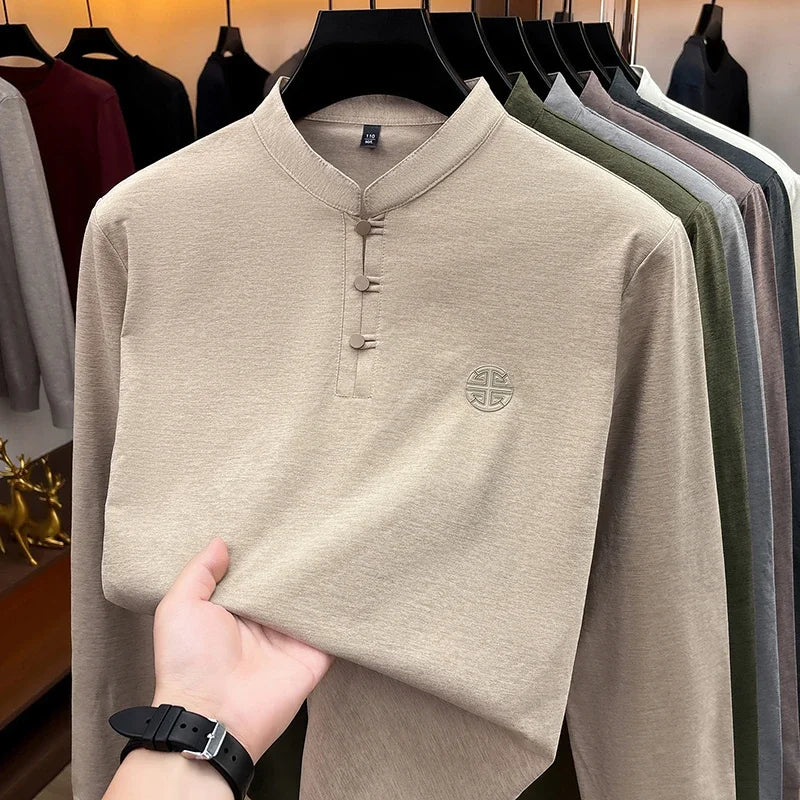 Men Long Sleeve Button Placket Tee Stand Collar Chest Embossed Detail Loose Fit Daily Office Leisure Wear Top