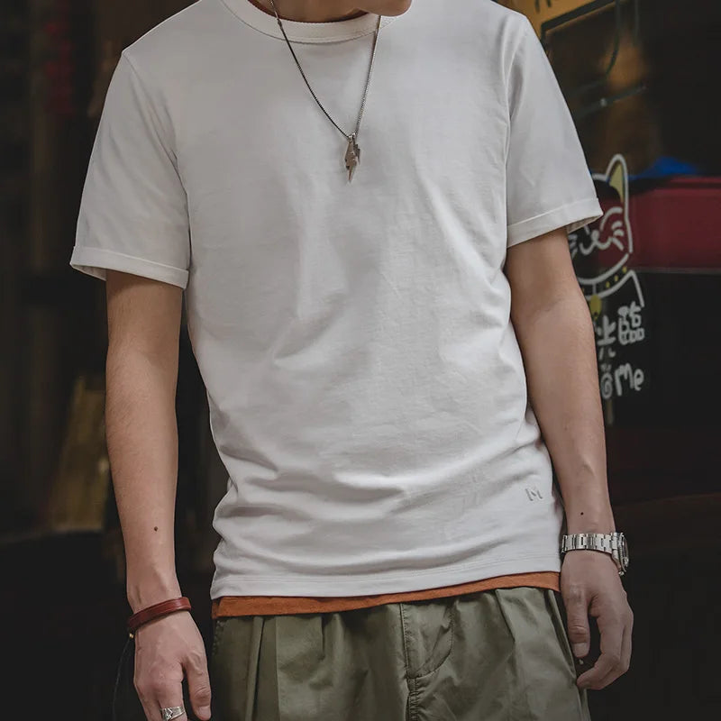 Maden Summer Solid Color Short Sleeve T-Shirts 100% Cotton Round Neck Tees with Rolled Edge Cuffs Casual Tops for Men