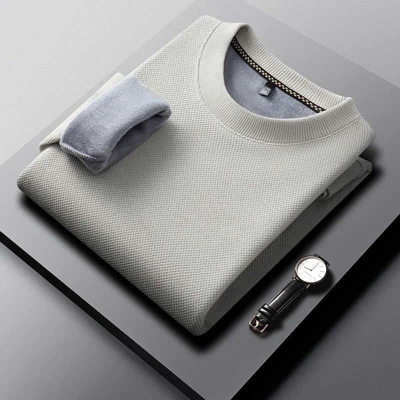 Men Thick Fleece Lined Waffle Knit Pullover Long Sleeve Crew Collar Relax Fit Warm Daily Office Wear Top