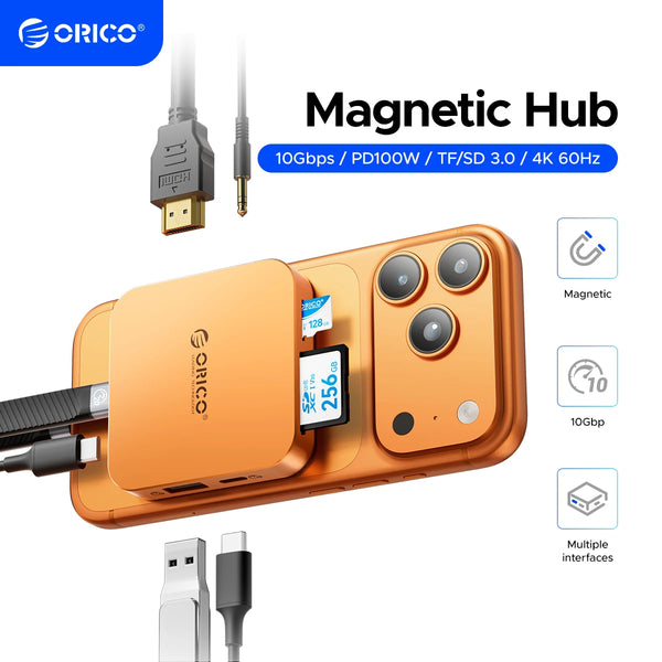ORICO Magnetic M.2 2230 NVMe SSD Enclosure 10Gbps USB C Docking Station with 4K60HZ HDMI-COM SD/TF PD 100W Charger for iPhone 17