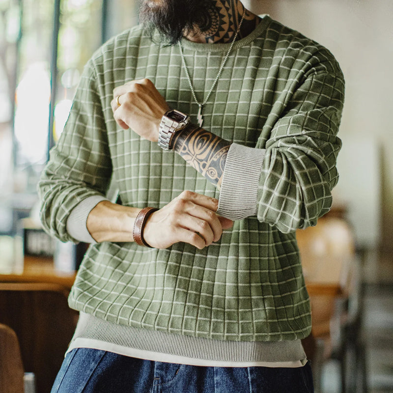Maden Men's Retro Plaid Crewneck Sweatshirt Green Pullover Casual Spring Outerwear Long Sleeve Winter Layering T-shirt Top
