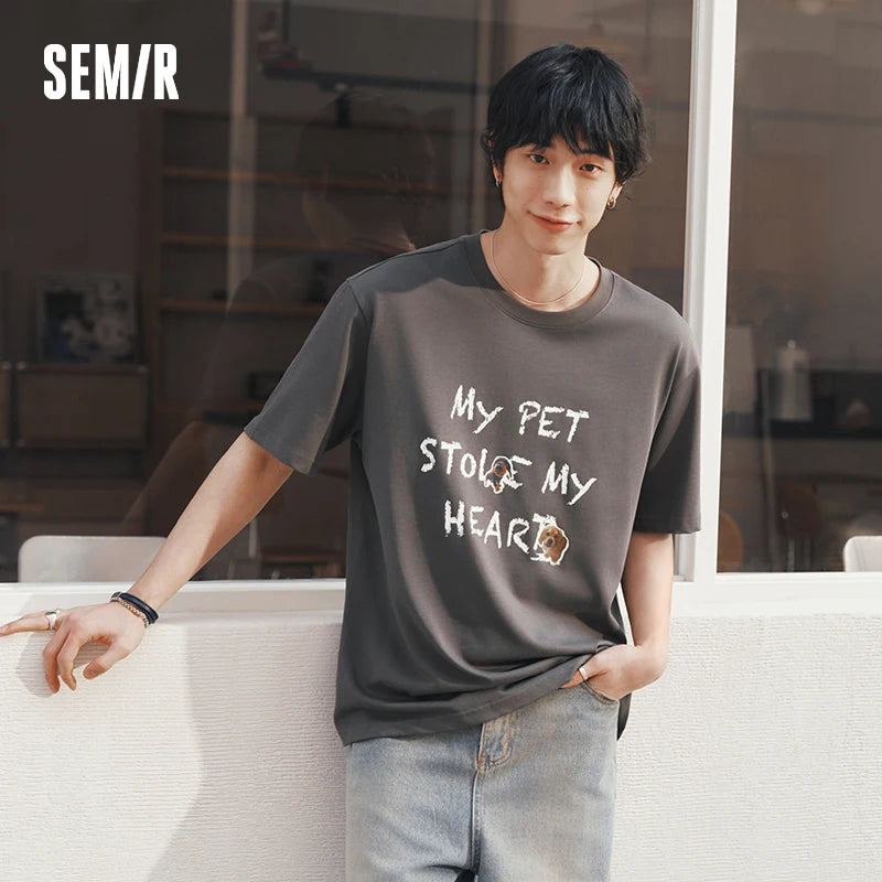 Semir Mens Tshirt 2026 Cute Animal Sticker Printed Knitted Trendy Loose Crew Neck Casual