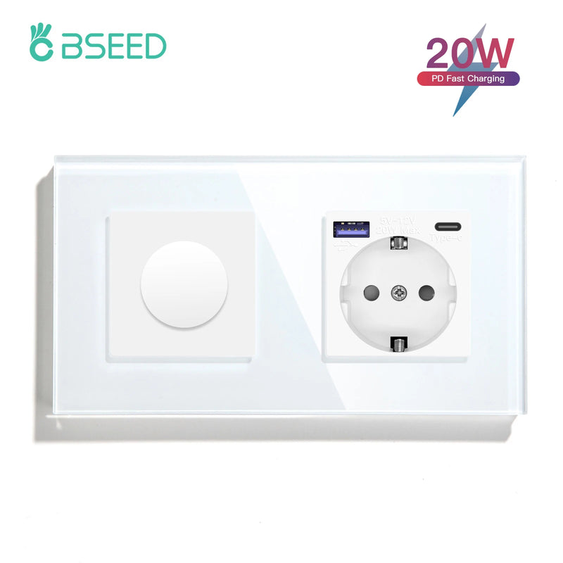 BSEED Mechanical Dimmer Light Switch Plus EU Socket USB Type-C Port Power Outlet Led Dimmable Switch Glass Frame 10A