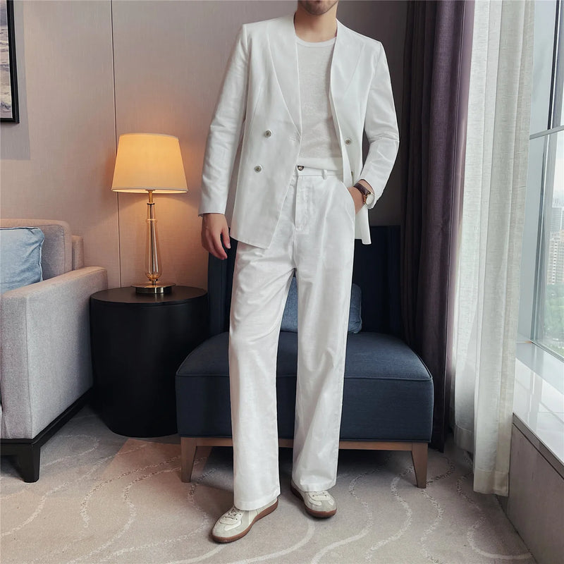 Men's Lightweight Linen45%-Cotton55% Blend Double-Breasted Suit Set – Breathable Collarless Blazer & Trousers Summer Business