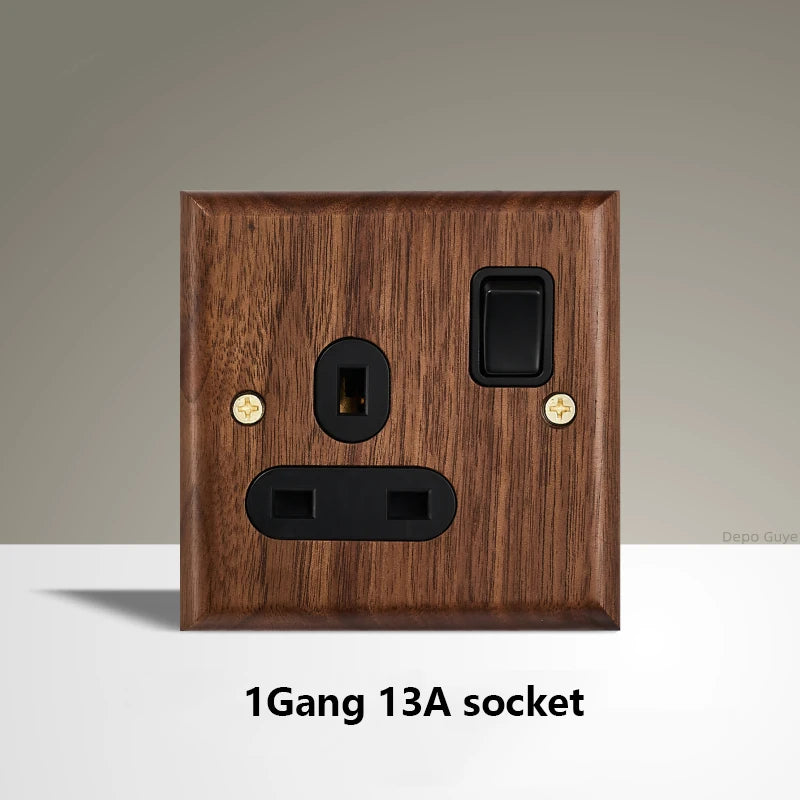 Black Walnut Wood Toggle Light Switch,Home retro Brass Panel,FR UK Universal Double USB Wall Electrical Socket Vintage Switch