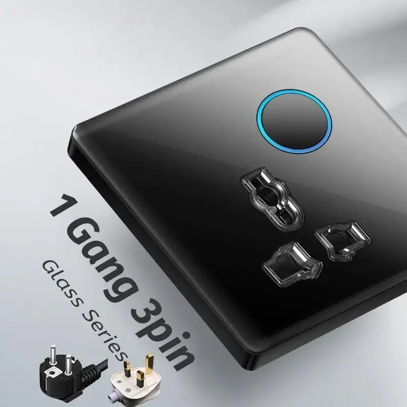Black Tempered Glass Button Reset Wall Light Switch with LED Aperture,Uk 13A Usb C Fast Charging Wall 220V Electrical Socket