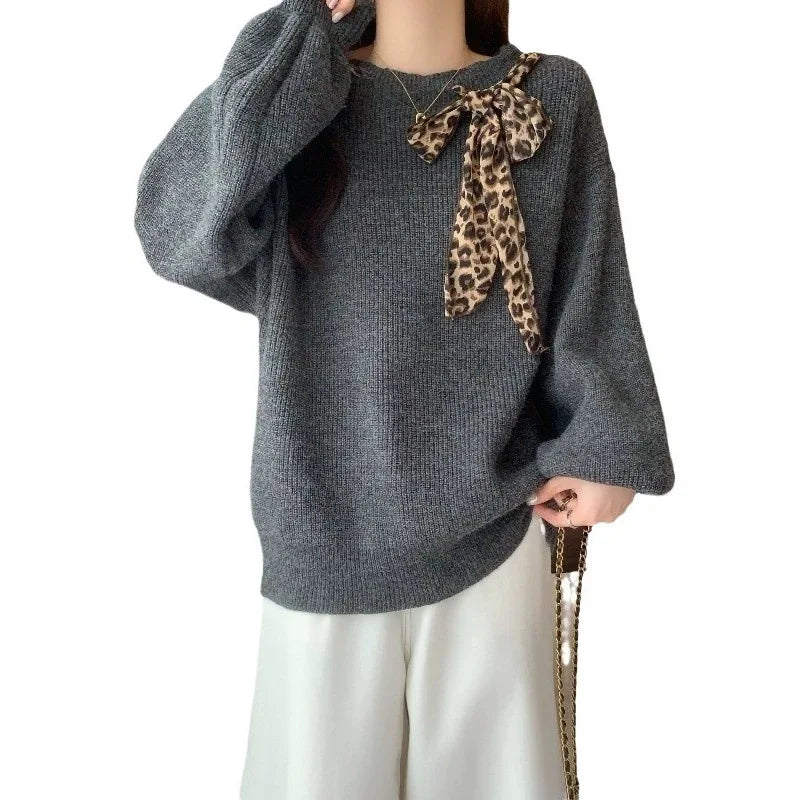 Sweater Female Korean Leopard Print Autumn Winter Soft  Lace-up Off-shoulder Lazy Wind Knitted Top Pullover Jumper Women