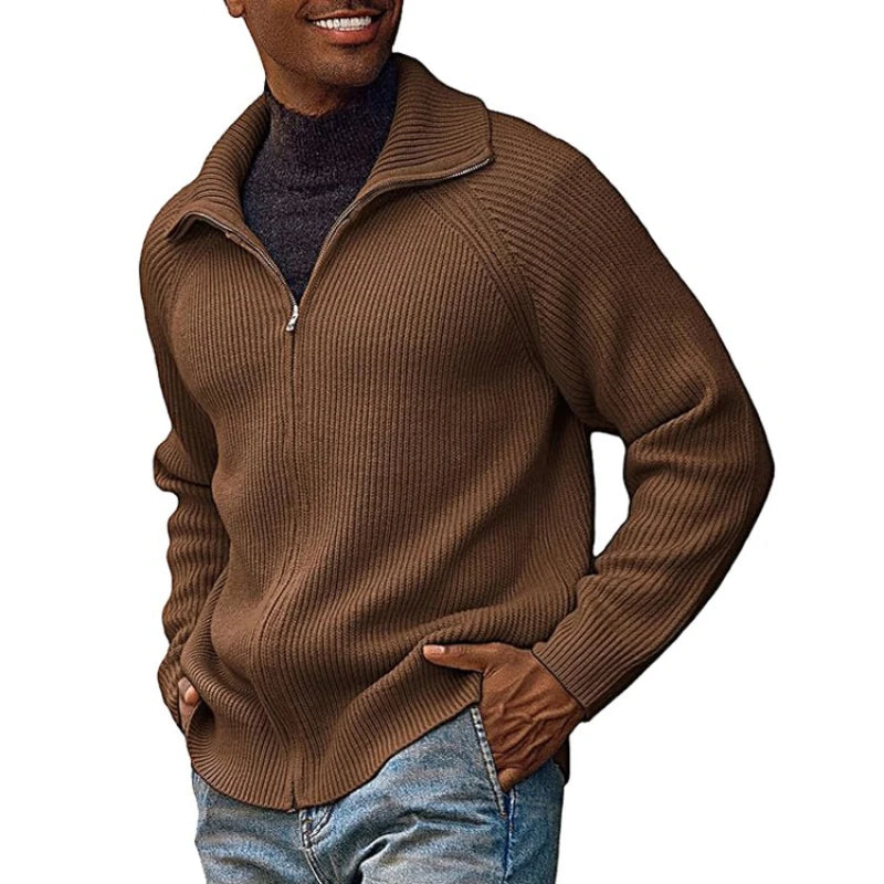 Global Bestseller Men's Zip-Up Knit Sweater, Casual Acrylic Blend Pullover, Gray Black Navy Brown, M-3XL