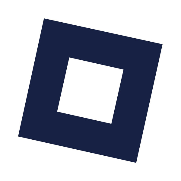Navy blue square with a white square in the center on a white background