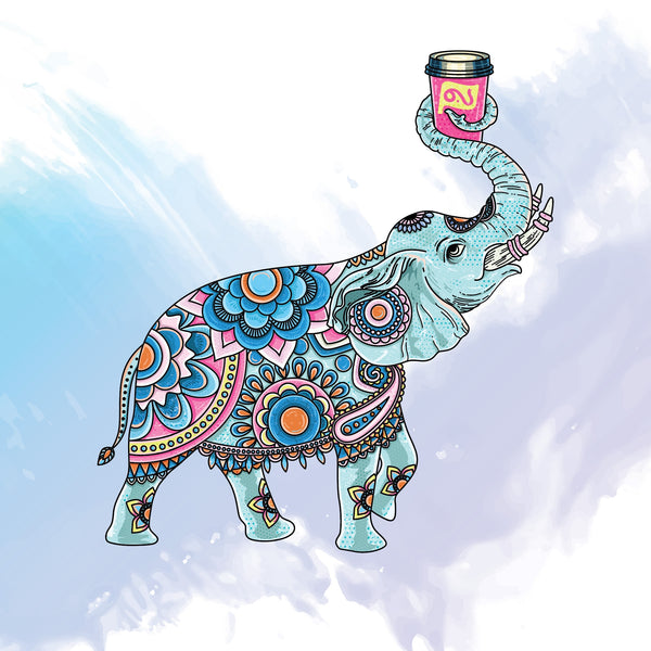 Colorful elephant with intricate patterns holding a coffee cup against a light blue background