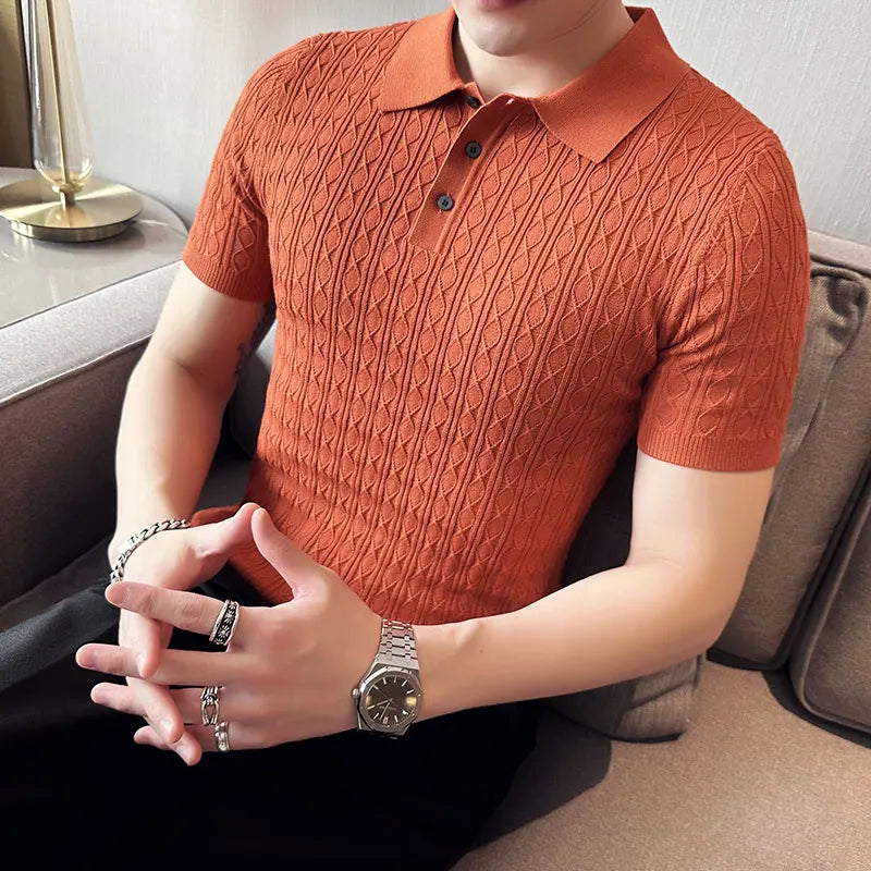 New Slim-Fit Jacquard Knitted Short-Sleeved Polo Shirt for Men's Fashion Lapel Golf Shirt
