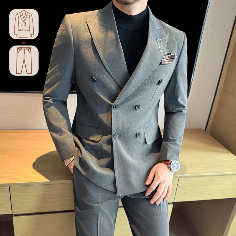 Men's Two-Piece Suit Set ( Jacket + Pants ), Dark Stripe Notched Lapel Double-Breasted, Wedding Business Formal Bridegroom
