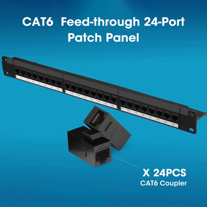 ZoeRax Patch Panel 24 Port Cat6 Cat6a Cat7 with Inline Keystone 10G, RJ45 Coupler Patch Panel 19-Inch with Removable Back Bar 24pcs Cat6 Coupler 1