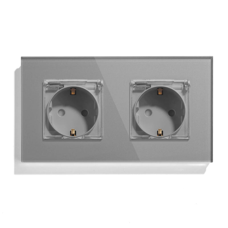 BSEED EU Standard Single Power Sockets With Waterproof Cover Double Wall Outlet Bathroom Triple Plugs 16A Crystal Panel 110-250V
