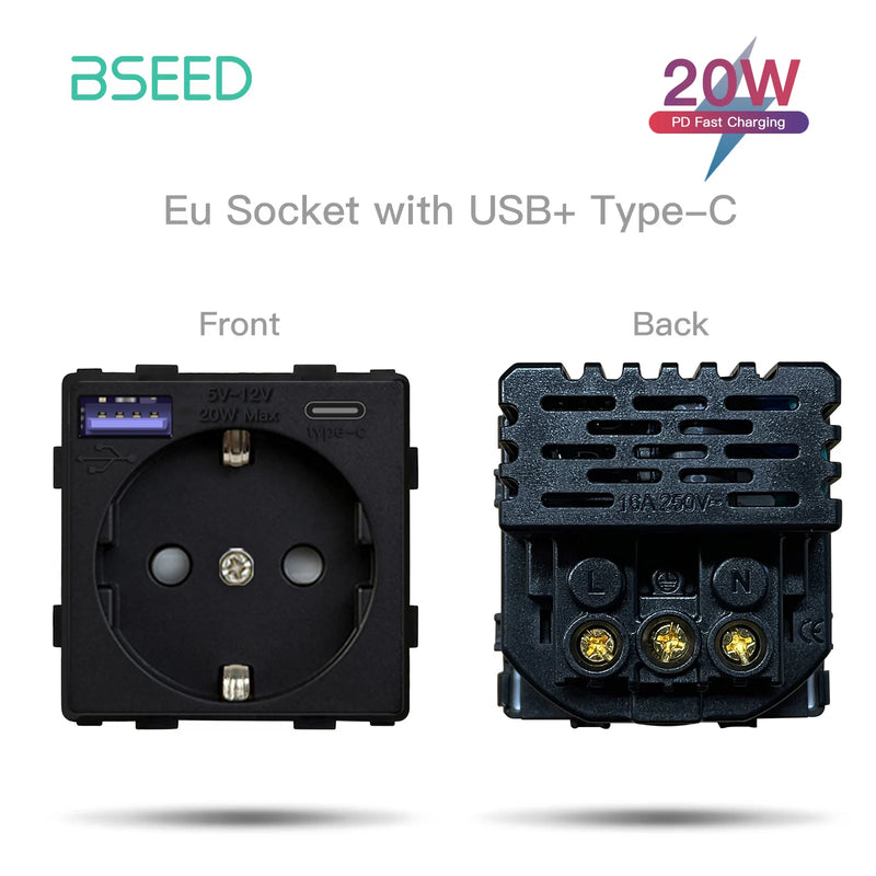 BSEED EU Wall Glass Panel With Double Internet Socket CAT5 RJ45 ST TV USB Function Parts Power Socket DIY Free Combination