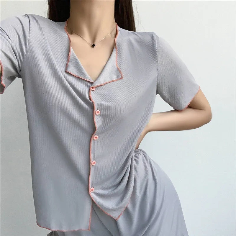 Fdfklak New Short Sleeve Pajamas Women V Neck Ice Silk Thin Korean Sleepwear Set Lounge Wear Shorts Suit Pijama Feminino