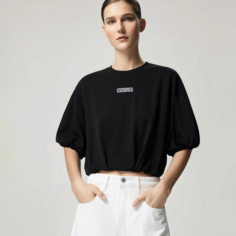 Amii Short Sleeve Tee 2026 Summer New Round Neck Drop Shoulder Cotton Top Loose Fit Embroidered Short T-Shirt For Women 12652005