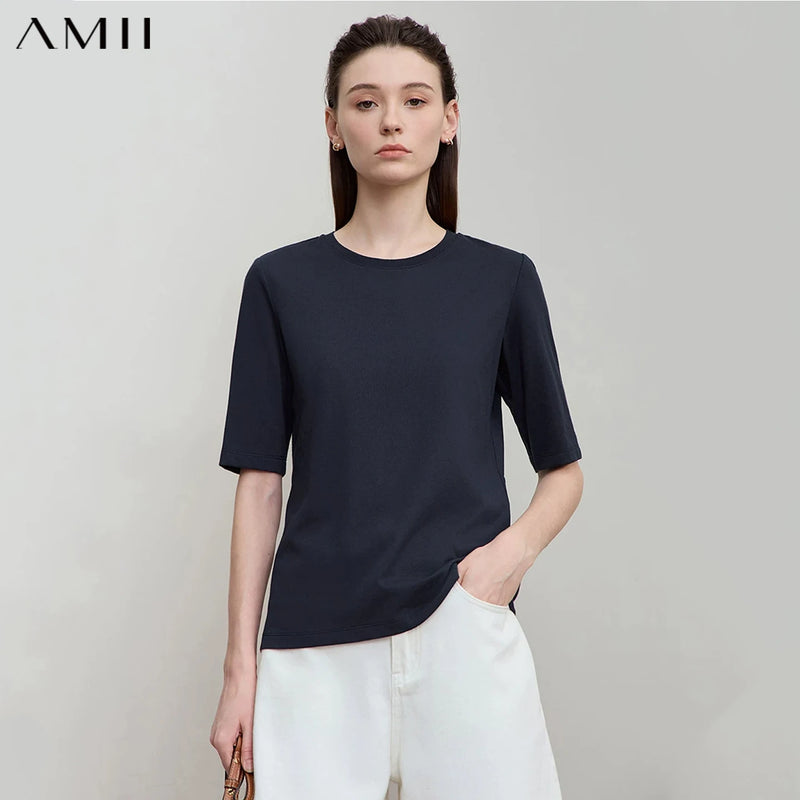AMII Minimalism 2026 Summer T-shirts For Women New Cotton Stretch Half Sleeve Straight Solid Basics Office Lady Tops 12522172